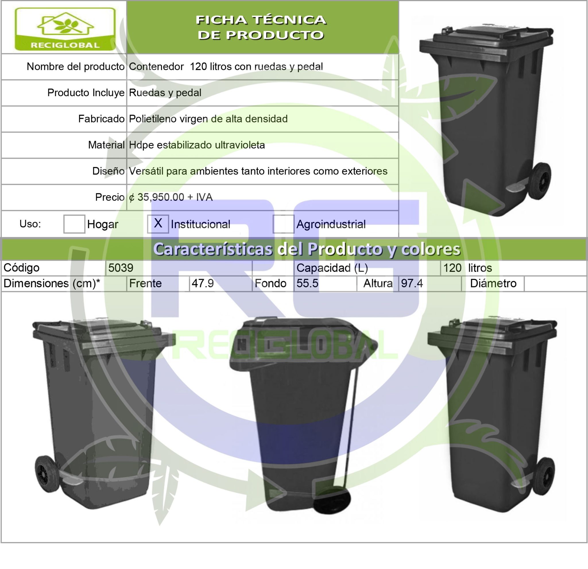 BASURERO PARA RECICLAJE CAPACIDAD 120 LITROS CON RUEDAS Y PEDAL COD