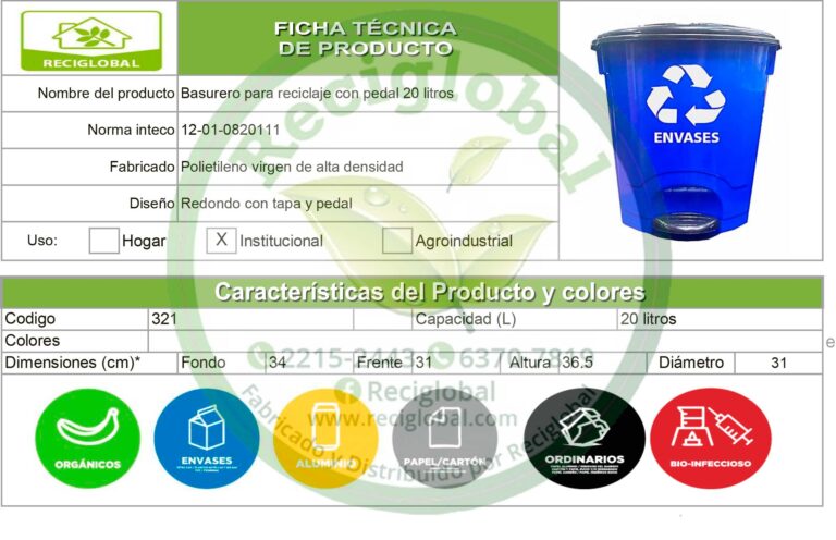 Basurero para reciclaje con pedal 20 litros cod.321 – Basureros para ...