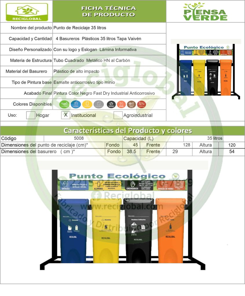 Punto Ecologico 35 Litros Con 4 Basureros Cod5008 Basureros Para Reciclaje Y Puntos Ecológicos 5694